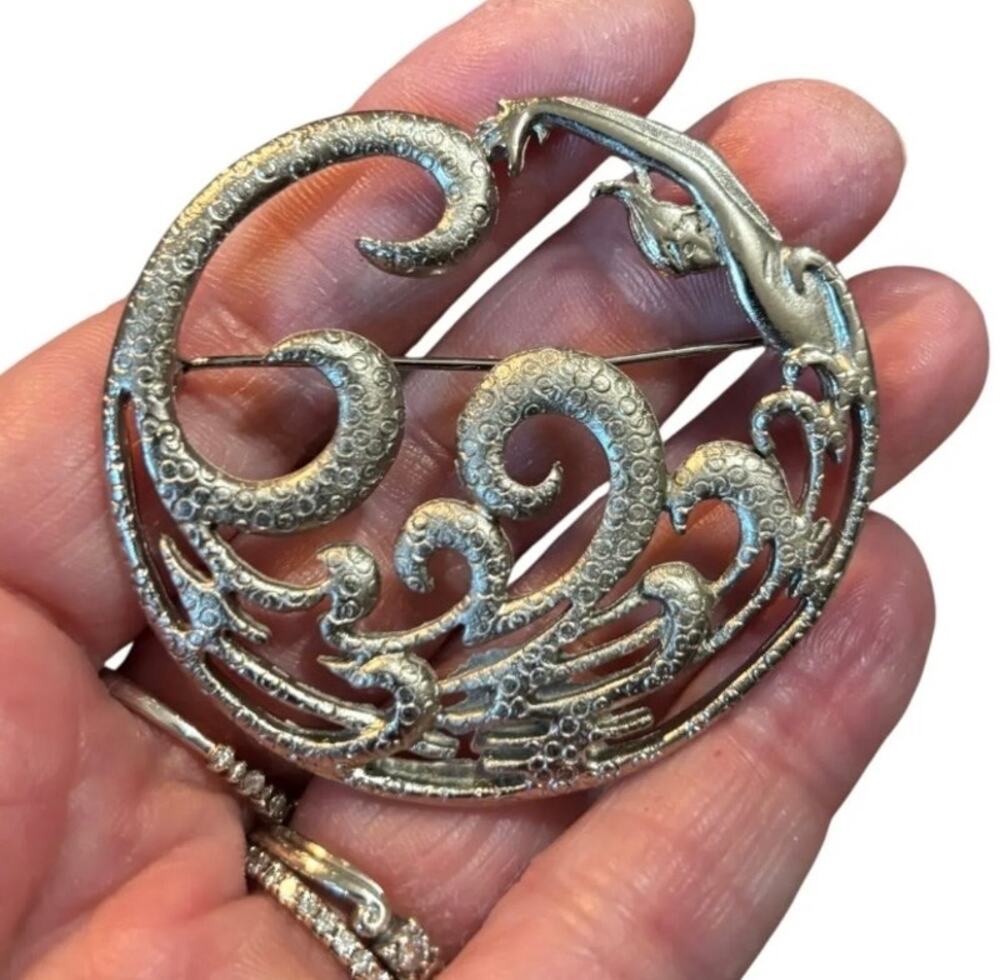 Vintage Sea Creature Brooch Silver Tone Ocean Wave Figural Pin Art Nouveau Style